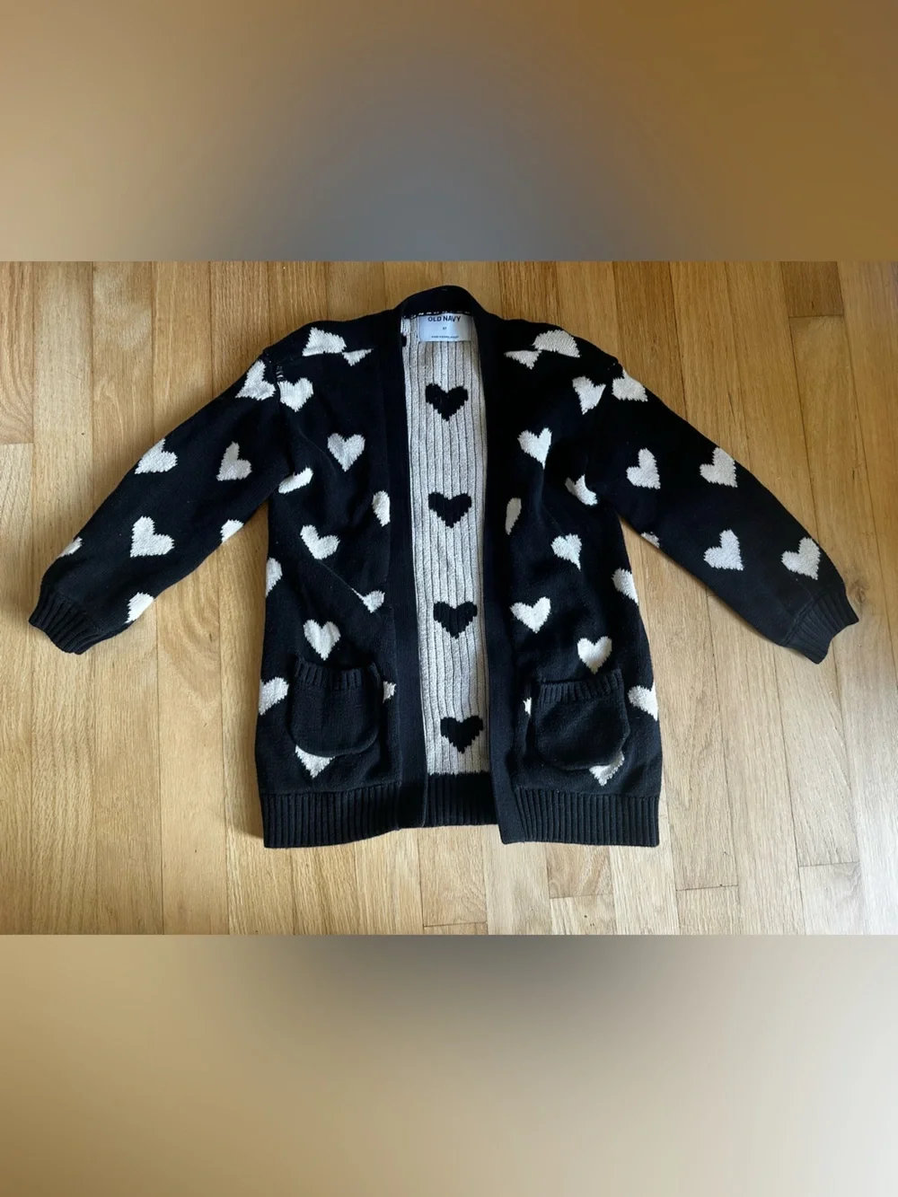 Old Navy Black long Cardigan with White Heart Pattern Sz 5t